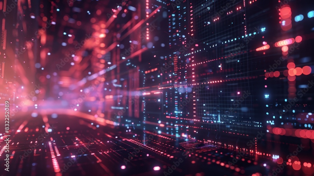 Poster abstract digital data background with glowing red and blue lights, representing technology, futurist