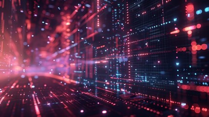 Fototapeta premium Abstract digital data background with glowing red and blue lights, representing technology, futuristic design, and network communication.