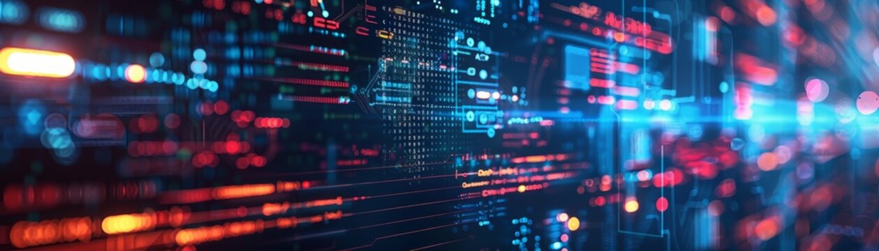 Abstract digital background with glowing lights and data streams, representing technology, computing, and futuristic concepts.