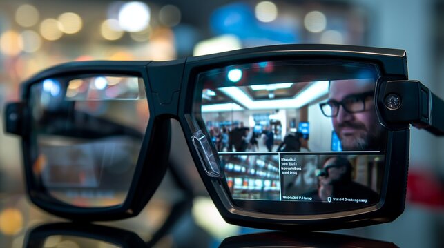 A journalist's smart glasses capturing and live-streaming a news event, with the ability to display viewer comments and data directly in the field of vision.
