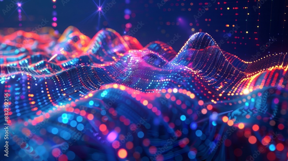 Poster abstract digital landscape with vibrant waves and particle dots, depicting futuristic technology, da