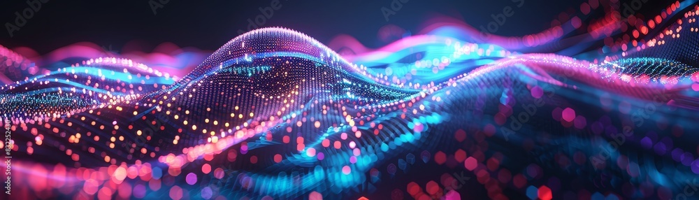 Poster abstract digital wave of glowing particles in vibrant colors, representing data, technology, and fut