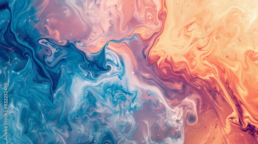 Poster abstract fluid art painting with vibrant blue and orange colors blending together, creating mesmeriz