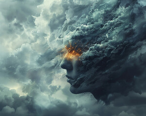 A human face blends into explosive, turbulent clouds, symbolizing intense emotions and the connection between human nature and the environment.