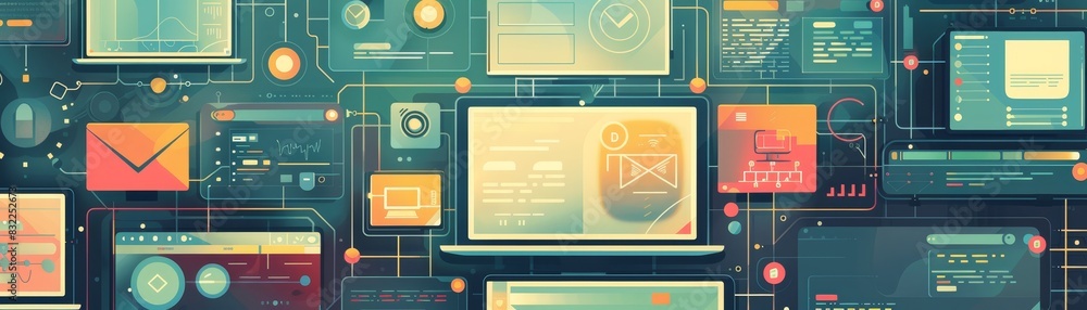 Aufkleber abstract illustration of digital technology with various electronic devices and screens interconnect