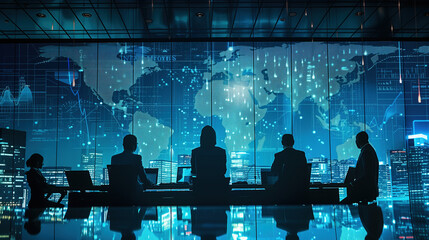 Business team in a high-tech control room, emphasizing technology, strategy, and global operations