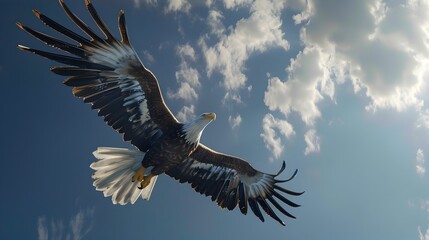 Fototapeta premium Majestic Bald Eagle Soaring Gracefully Against Dramatic Cloudy Sky