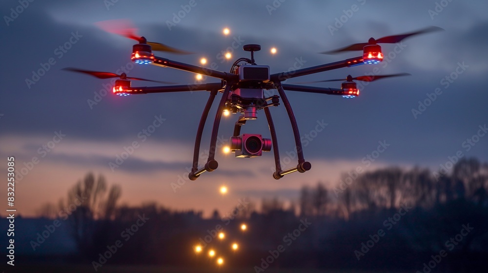 Aufkleber a leisure drone fitted with led lights, flying at dusk, creating light patterns in the sky as part o