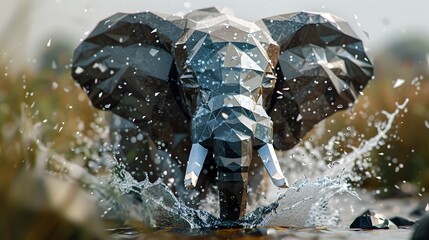 Majestic Low Poly Elephant Emerging from Splashing Water in Nature Landscape
