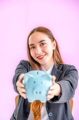 Business caucasian woman hold piggy bank, start up business to success, Saving money for future plan and retirement fund concept