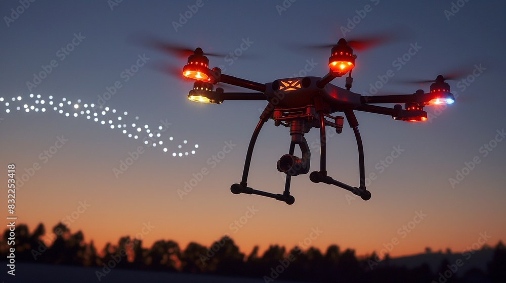 Poster a leisure drone fitted with led lights, flying at dusk, creating light patterns in the sky as part o