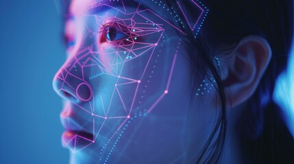 Close-up of a woman's face with futuristic digital facial recognition technology, displaying glowing geometric patterns and data points.