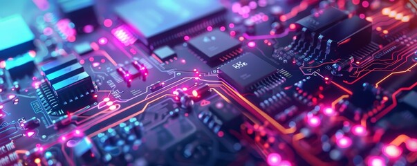 Obraz premium Close-up of a vibrant and colorful microchip circuit board, showcasing modern technology and intricate electronic components.