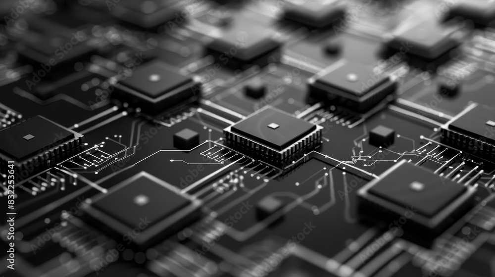 Poster close-up view of interconnected microchips on a motherboard, showcasing intricate circuit details an