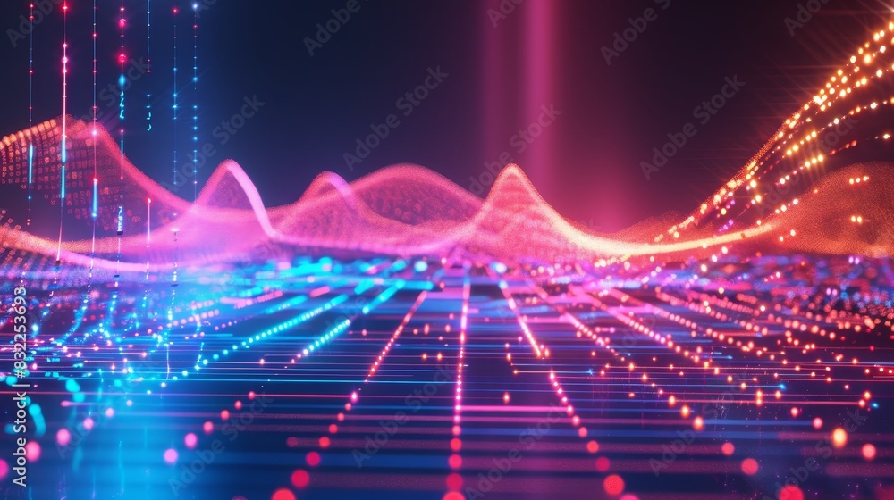 Aufkleber colorful abstract background with glowing lines and particles forming futuristic wave shapes in a di