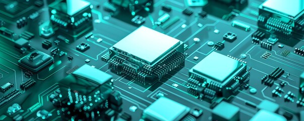 Obraz premium Close-up view of electronic circuit board with various microchips and components, showcasing advanced technology and circuit design.
