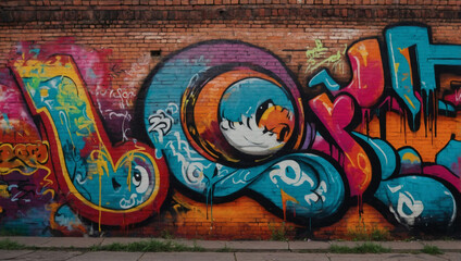 Vibrant street art adorning a brick wall with colorful graffiti.