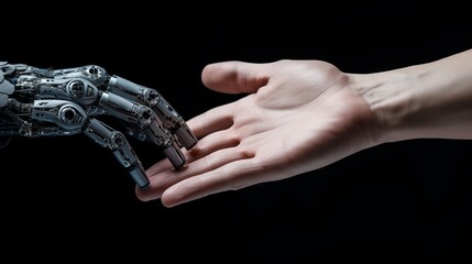 Close-up of human and robotic hands about to make contact, blending technology and humanity