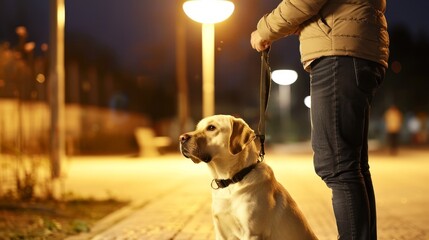 Evening Walk with Loyal Dog Under Streetlights