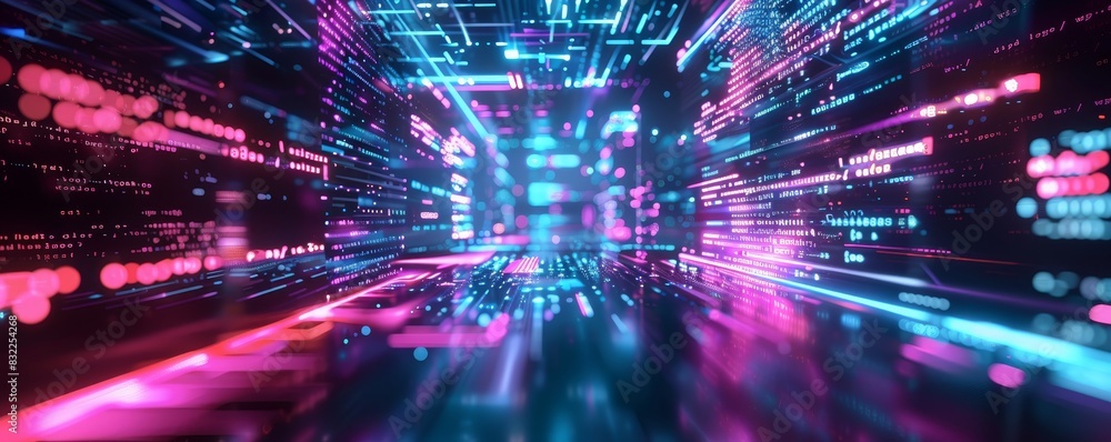 Poster dynamic digital abstract background with glowing neon lights and data lines, representing futuristic