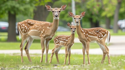 White-Tailed Deer Doe and Fawn Grazing Near City Park in Wisconsin