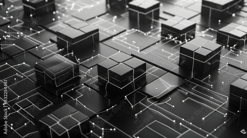 Poster futuristic black digital blocks with connected lines, representing advanced technology, data network