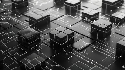 Futuristic black digital blocks with connected lines, representing advanced technology, data networks, and innovation in a sleek, modern design.