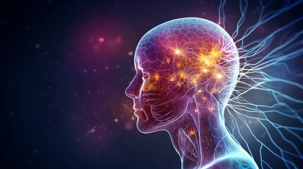 Conceptual image of human mind highlighting neural pathways and brain activity, depicting advanced artificial intelligence and deep thinking.
