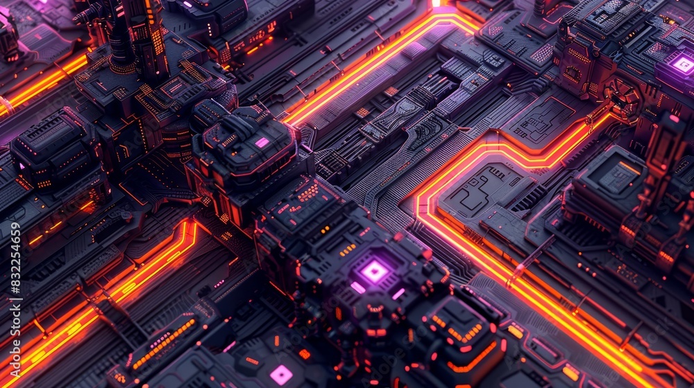 Poster futuristic circuit board with vibrant neon lights and complex tech patterns, perfect for high-tech t