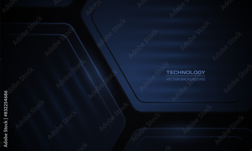 Poster dark blue 3d hexagon abstract technology background. dark three-dimensional honeycomb shapes. vector