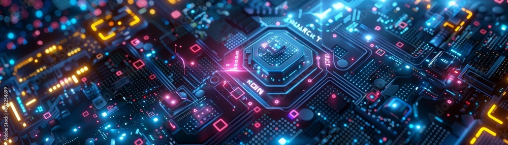 Poster futuristic circuit board with glowing neon lights and intricate digital patterns, representing advan