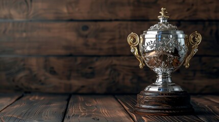 Polished silver trophy reflecting light on a dark sleek wooden background