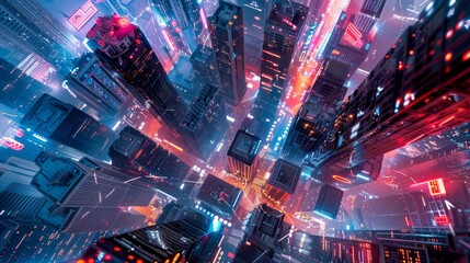 Futuristic cityscape at night with neon lights in a cyberpunk style, featuring tall buildings and vivid color contrasts.