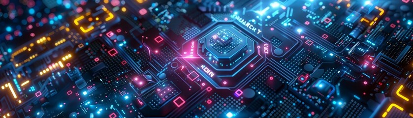 Futuristic circuit board with glowing neon lights and intricate digital patterns, representing advanced technology and innovation in electronics.