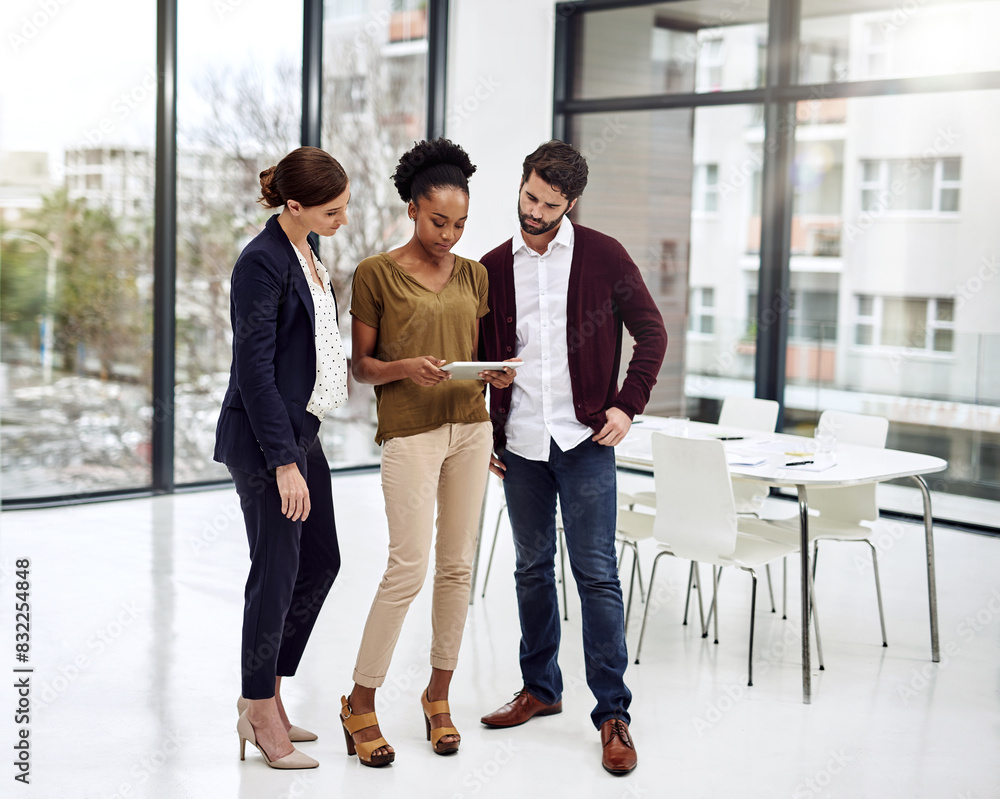 Aufkleber employee, people and online at office with tablet for teamwork or collaboration and project. ideas, 