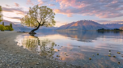 Lake Wanaka's sunrise showcases the beauty of the iconic Wanaka tree against a backdrop of majestic mountains and tranquil waters. A scenic highlight of New Zealand's South Island.