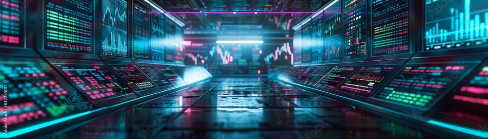 Poster futuristic control room with neon lights and digital screens showing data and analytics, ideal for t