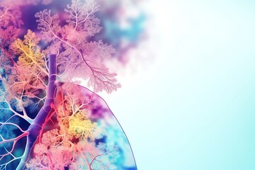 Vibrant artistic representation of human lungs showcasing the intricate network of respiratory branches on a bright background.