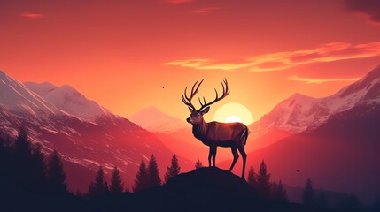 Majestic stag silhouetted against a vibrant sunset in a mountain landscape, capturing the beauty of nature and wildlife.