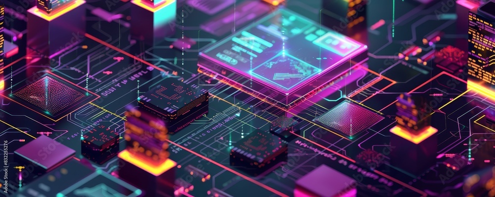 Poster futuristic digital circuit board with neon lighting, featuring intricate network pathways and electr