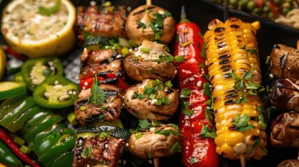 Close-up of assorted grilled vegetables on skewers, including mushrooms, bell peppers, and corn, garnished with fresh herbs.