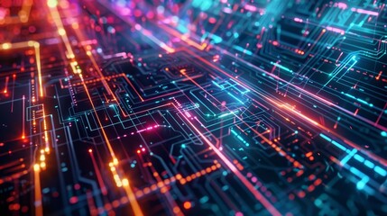Obraz premium Futuristic digital circuit board with glowing neon lights illustrating modern technology and the concept of data processing and connectivity.