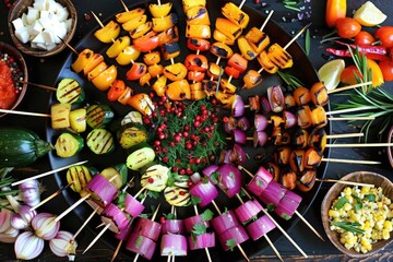 Obraz premium Colorful vegetable skewers arranged in a circular pattern on a dark background, surrounded by bowls of fresh ingredients and spices.