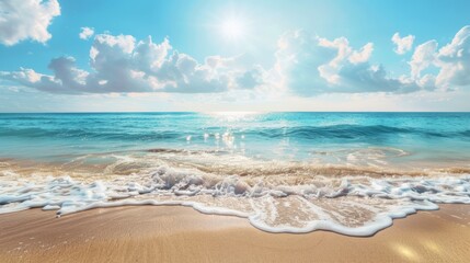Clean sunny summer beach background. A horizontal banner with a summer ocean, sea, sun, clouds, waves.