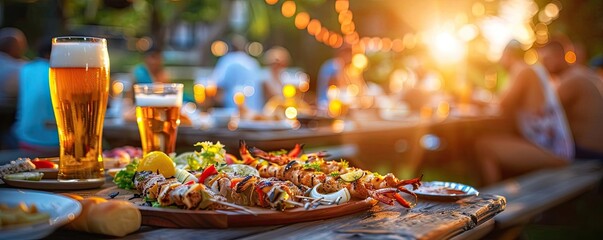 Outdoor evening gathering with friends, assorted appetizers, glasses of beer, and vibrant string lights under a warm sunset.
