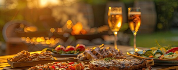 Delicious gourmet dining with wine in a serene outdoor setting at sunset, perfect for romantic evenings or special celebrations.