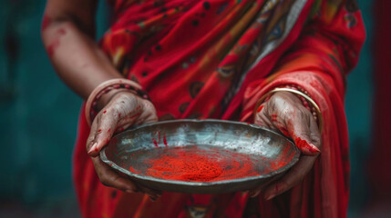 indian woman hand holding pooja thali
