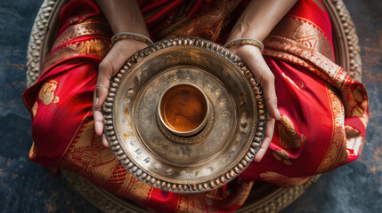indian woman hand holding pooja thali
