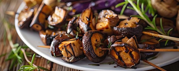 Fototapeta premium Delicious grilled mushroom skewers with herbs on a plate, perfect for a vegetarian BBQ or healthy summer meal.