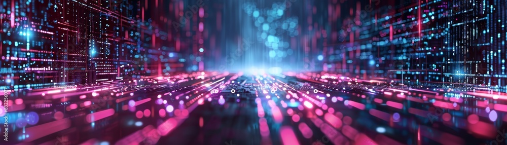 Poster futuristic digital landscape with vibrant glowing lines and particles, representing data flow and te